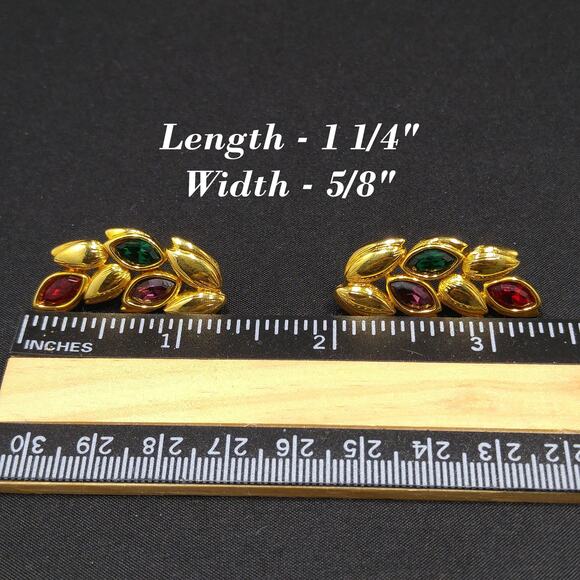 Vintage Swarovski Leaf Earrings, Gold Plated Red Green Purple Rhinestones, 1990s - Picture 6 of 10